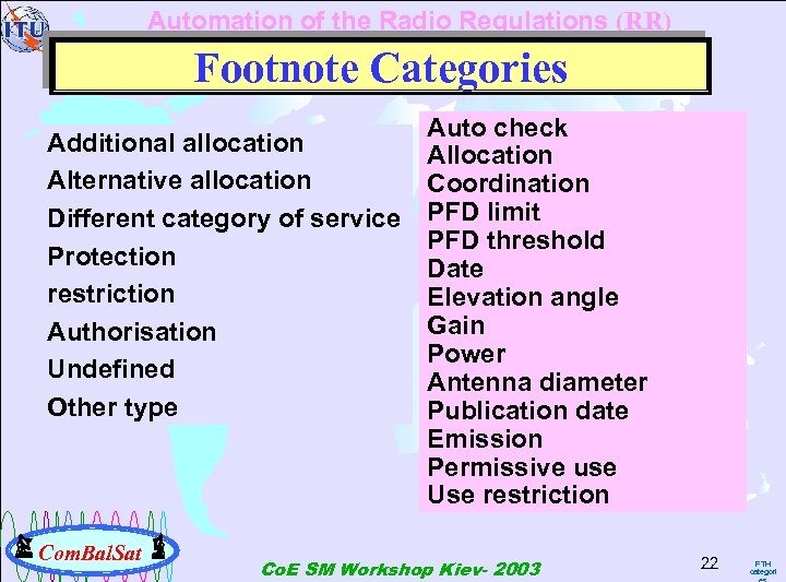 Automation of the Radio Regulations (RR) Footnote Categories Additional allocation Alternative allocation Different category