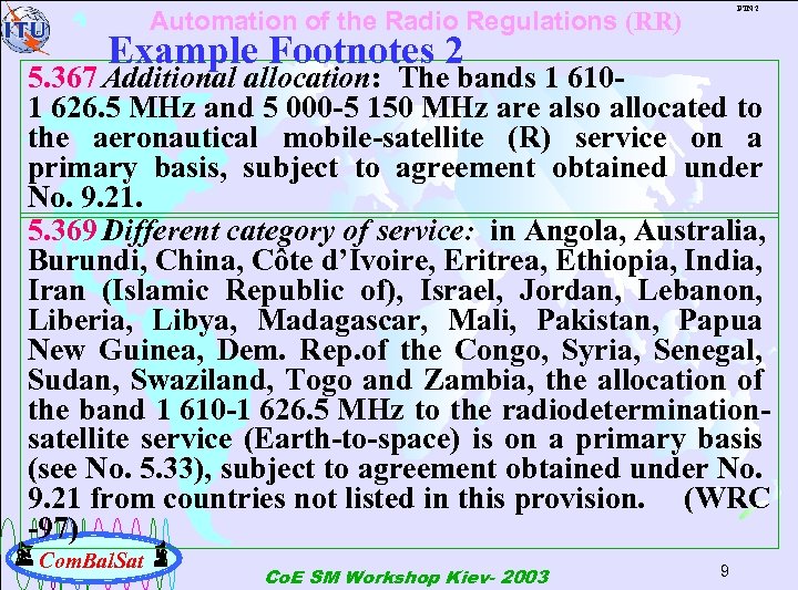 FTN 2 Automation of the Radio Regulations (RR) Example Footnotes 2 5. 367 Additional