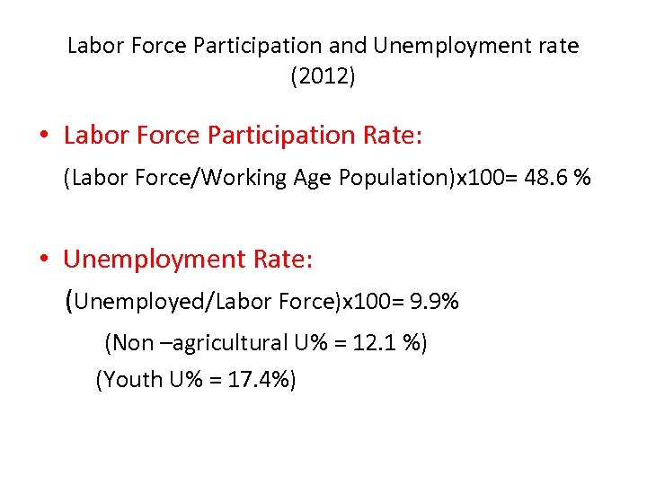Labor Force Participation and Unemployment rate (2012) • Labor Force Participation Rate: (Labor Force/Working
