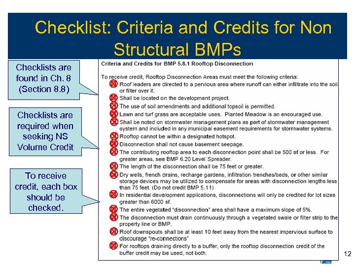 Checklist: Criteria and Credits for Non Structural BMPs Checklists are found in Ch. 8