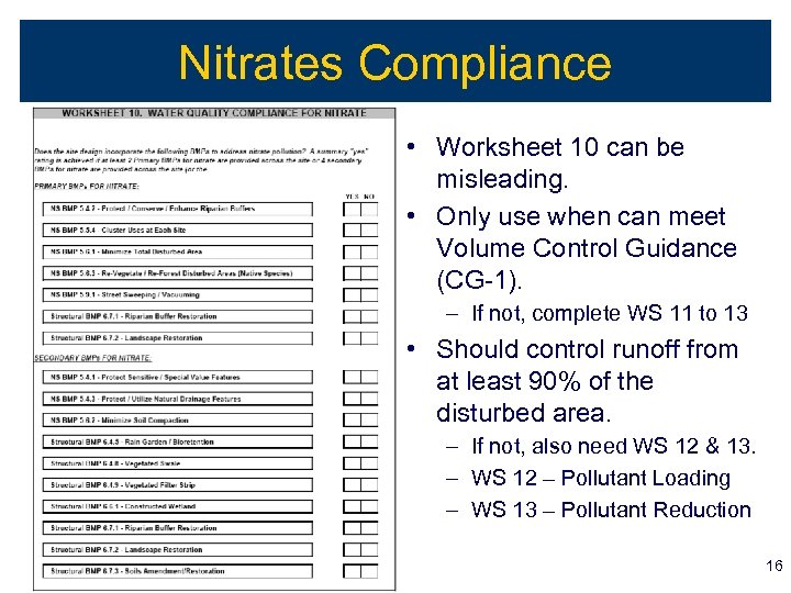 Nitrates Compliance • Worksheet 10 can be misleading. • Only use when can meet