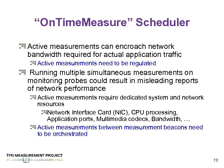 “On. Time. Measure” Scheduler Active measurements can encroach network bandwidth required for actual application