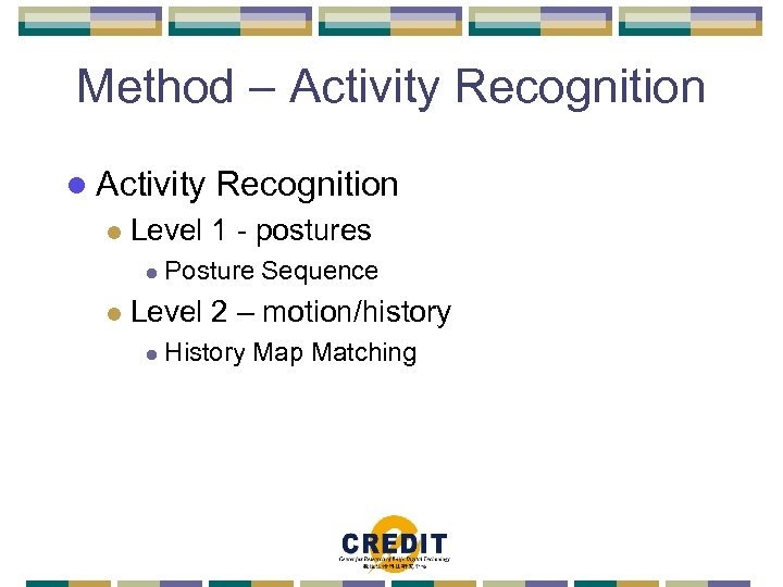 Method – Activity Recognition l Activity l Level 1 - postures l l Recognition