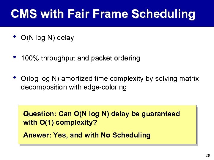 CMS with Fair Frame Scheduling • O(N log N) delay • 100% throughput and