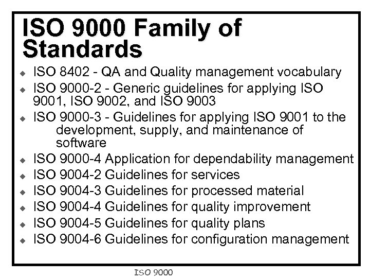 ISO 9000 Family of Standards u u u u u ISO 8402 - QA