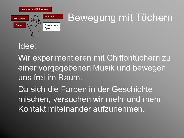 akustisches Phänomen Bewegung Raum Material Bewegung mit Tüchern Szenisches Spiel Idee: Wir experimentieren mit