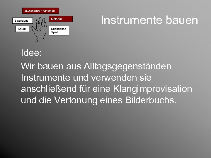 akustisches Phänomen Bewegung Raum Material Instrumente bauen Szenisches Spiel Idee: Wir bauen aus Alltagsgegenständen