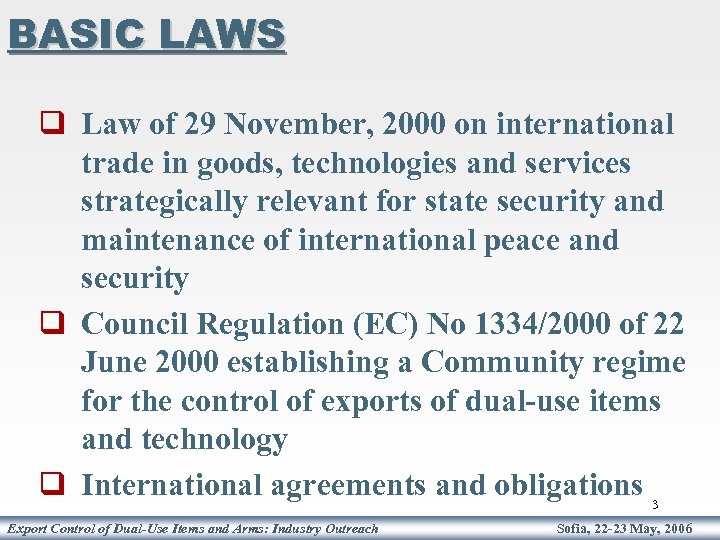 BASIC LAWS q Law of 29 November, 2000 on international trade in goods, technologies