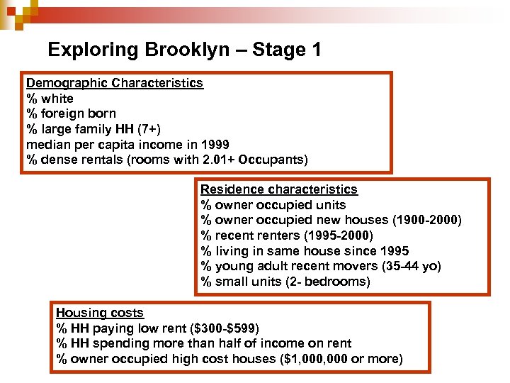 Exploring Brooklyn – Stage 1 Demographic Characteristics % white % foreign born % large