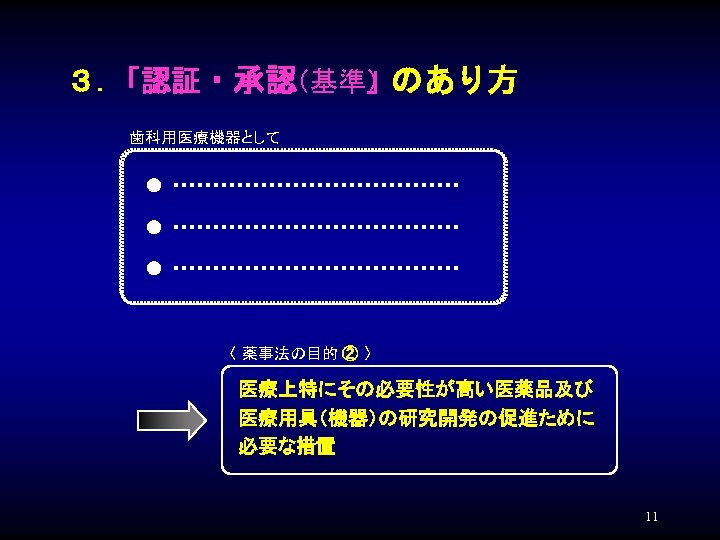 ３. 「認証・承認 （基準）のあり方 」 歯科用医療機器として ●　・・・・・・・・・・・・・・・・・・・・・・・・・・・・・・・・・・・・ 　 ●　・・・・・・・・・・・・・・・・・・ 〈 薬事法の目的 ② 〉 医療上特にその必要性が高い医薬品及び 医療用具（機器）の研究開発の促進ために