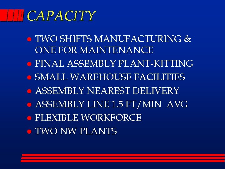 CAPACITY l l l l TWO SHIFTS MANUFACTURING & ONE FOR MAINTENANCE FINAL ASSEMBLY