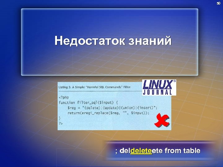 50 Недостаток знаний deldeleteete ; deldeleteete from table 