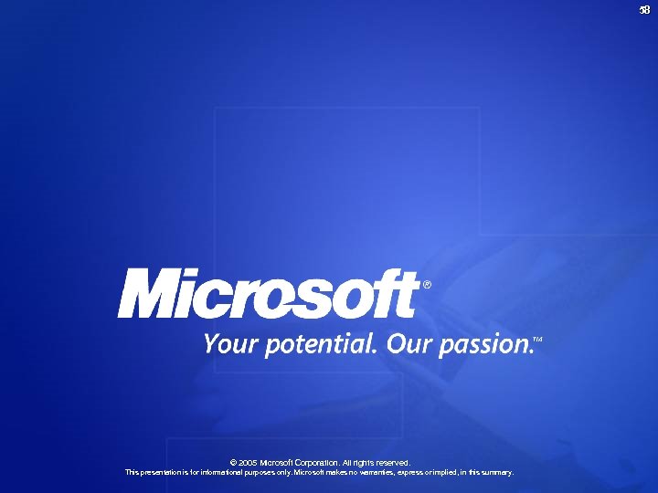 58 © 2005 Microsoft Corporation. All rights reserved. This presentation is for informational purposes