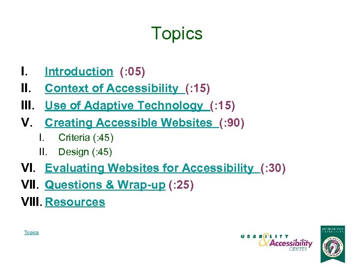 Topics I. III. V. Introduction (: 05) Context of Accessibility (: 15) Use of