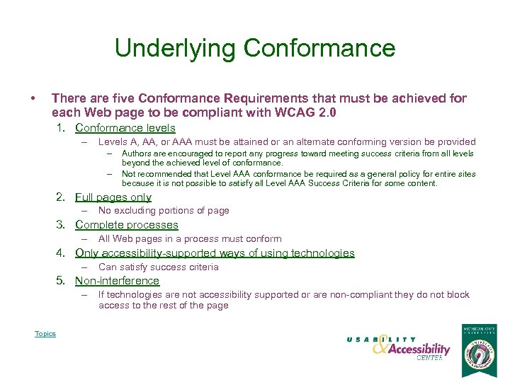 Underlying Conformance • There are five Conformance Requirements that must be achieved for each