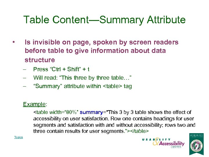 Table Content—Summary Attribute • Is invisible on page, spoken by screen readers before table