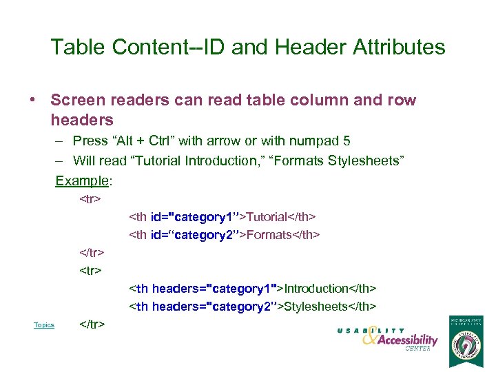 Table Content--ID and Header Attributes • Screen readers can read table column and row