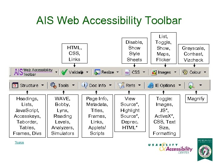 AIS Web Accessibility Toolbar Disable, Show Style Sheets HTML, CSS, Links Headings, Lists, Java.