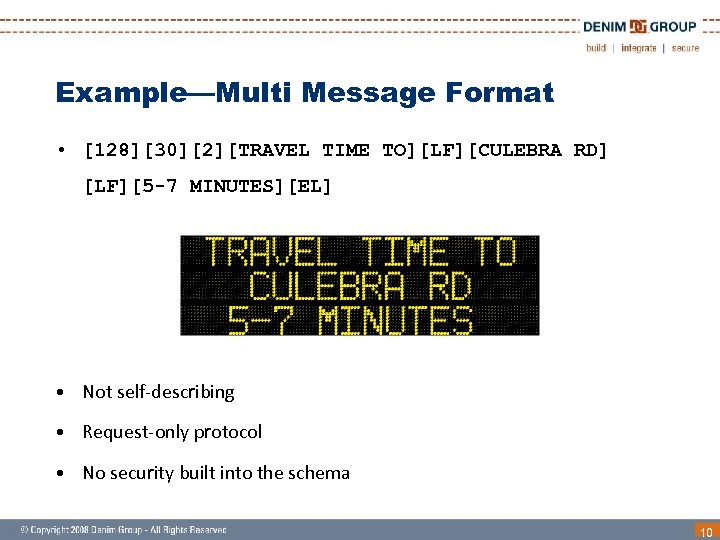 Example—Multi Message Format • [128][30][2][TRAVEL TIME TO][LF][CULEBRA RD] [LF][5 -7 MINUTES][EL] • Not self-describing