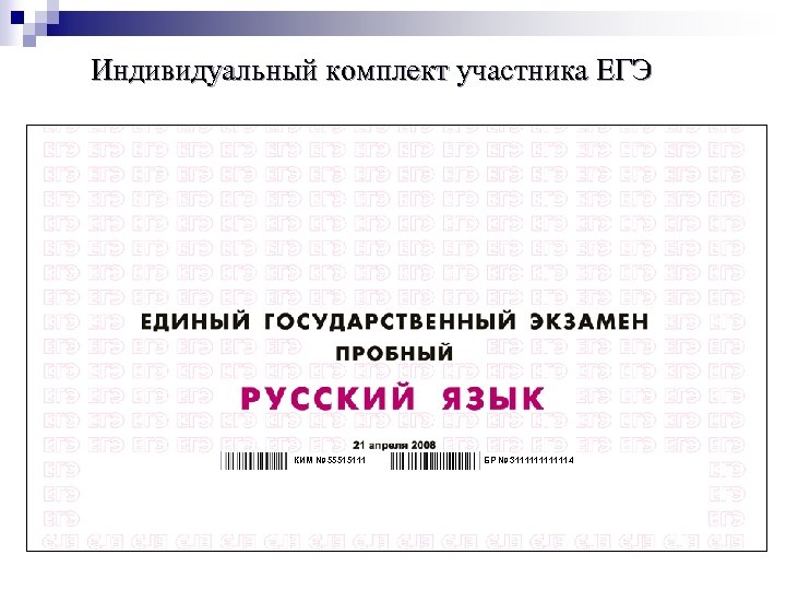 Индивидуальный комплект участника ЕГЭ КИМ № 55515111 БР № 31111114 
