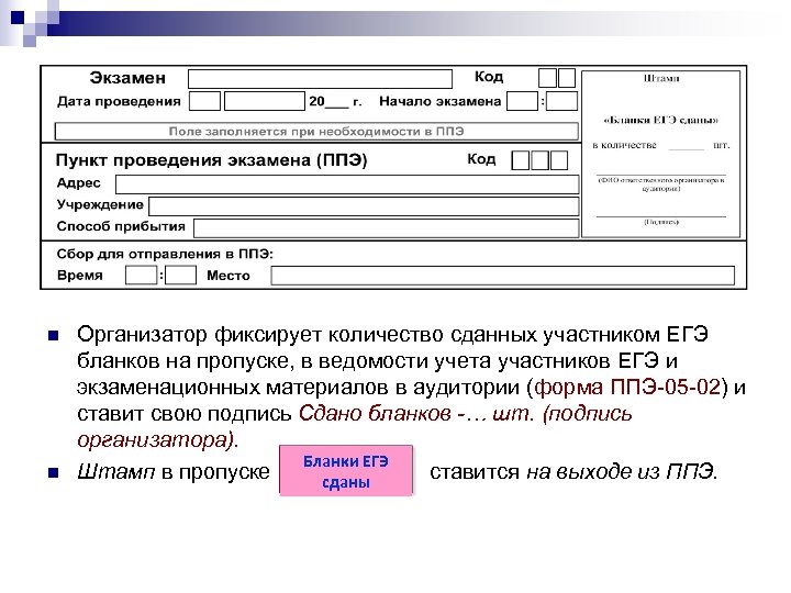 n n Организатор фиксирует количество сданных участником ЕГЭ бланков на пропуске, в ведомости учета