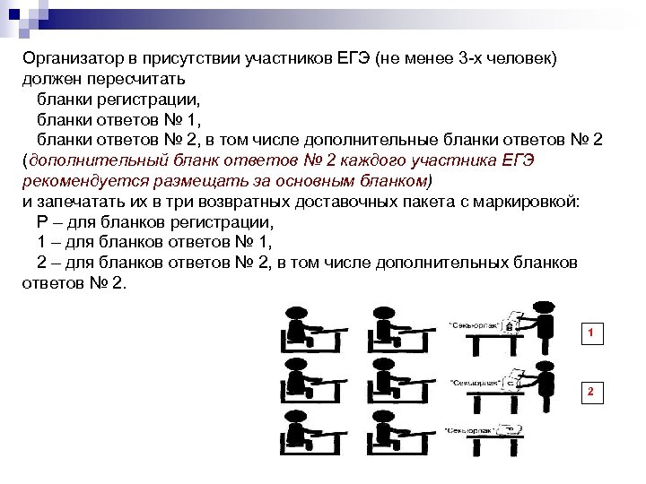 Организатор в присутствии участников ЕГЭ (не менее 3 -х человек) должен пересчитать бланки регистрации,