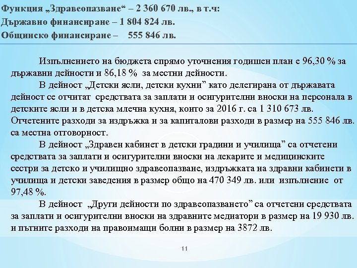 Функция „Здравеопазване“ – 2 360 670 лв. , в т. ч: Държавно финансиране –