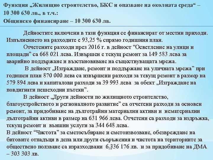 Функция „Жилищно строителство, БКС и опазване на околната среда“ – 10 300 630 лв.