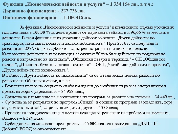 Функция „Икономически дейности и услуги“ – 1 334 154 лв. , в т. ч.