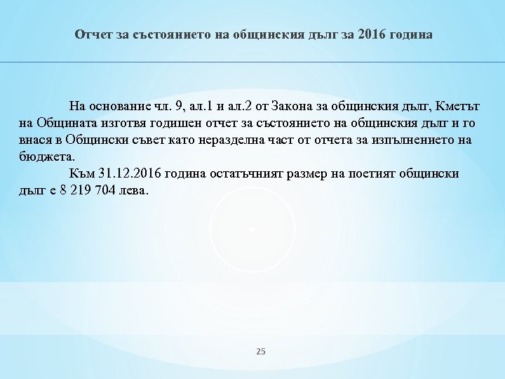 Отчет за състоянието на общинския дълг за 2016 година На основание чл. 9, ал.