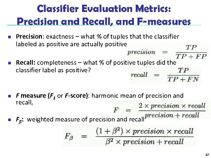 Classifier Evaluation Metrics: Precision and Recall, and F-measures n n Precision: exactness – what