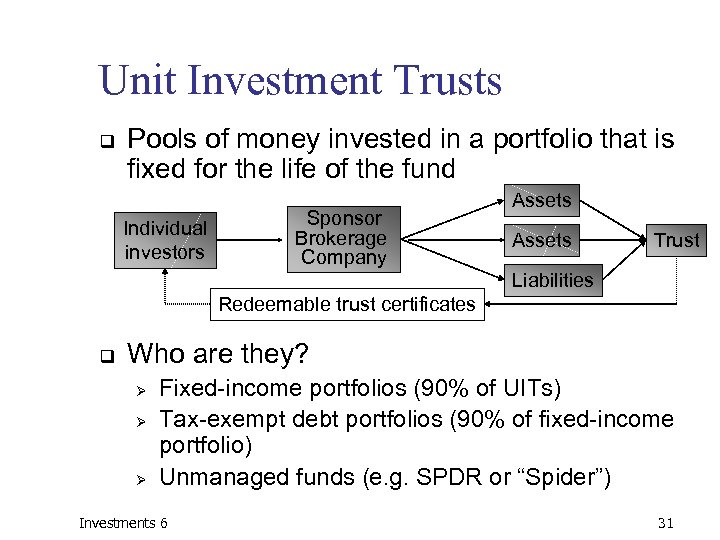 Unit Investment Trusts q Pools of money invested in a portfolio that is fixed