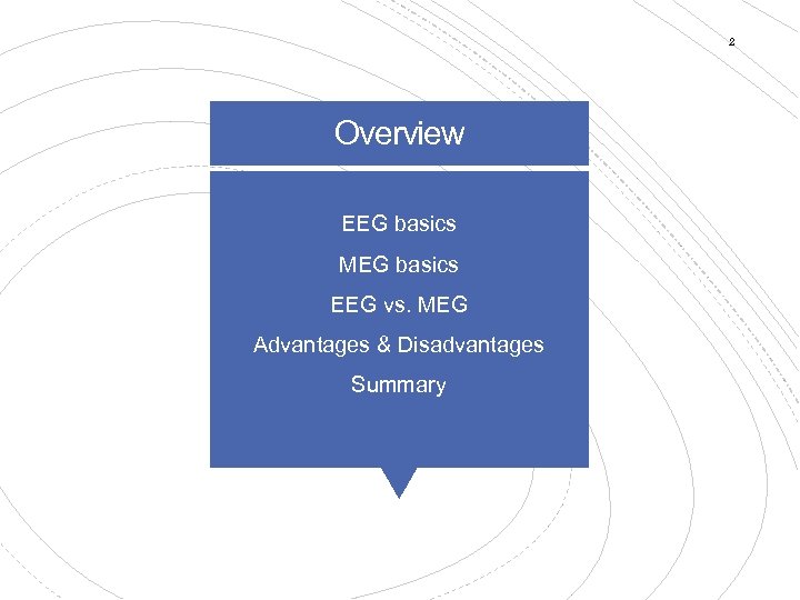 2 Overview EEG basics MEG basics EEG vs. MEG Advantages & Disadvantages Summary 