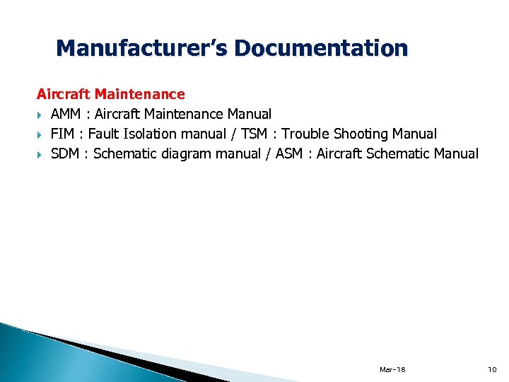 Manufacturer’s Documentation Aircraft Maintenance AMM : Aircraft Maintenance Manual FIM : Fault Isolation manual