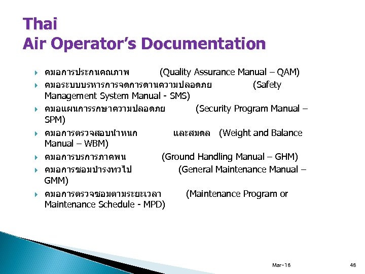 Thai Air Operator’s Documentation คมอการประกนคณภาพ (Quality Assurance Manual – QAM) คมอระบบบรหารการจดการดานความปลอดภย (Safety Management System