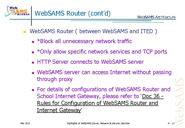 Web. SAMS Router (cont’d) Web. SAMS Architecture Web. SAMS Router ( between Web. SAMS