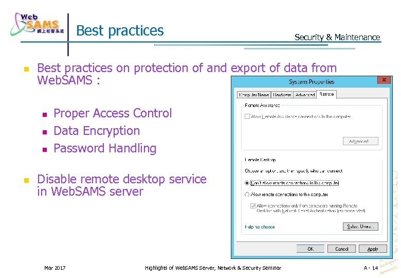 Best practices on protection of and export of data from Web. SAMS : Security