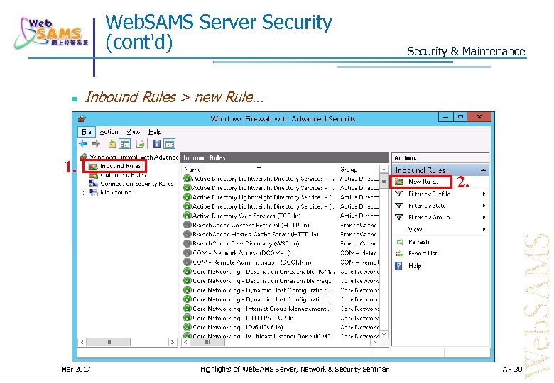 Web. SAMS Server Security (cont'd) Security & Maintenance Inbound Rules > new Rule… 1.