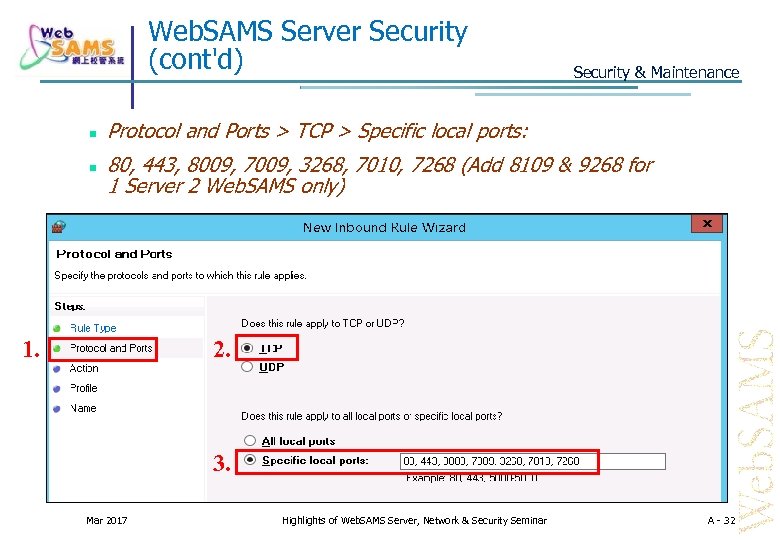 Web. SAMS Server Security (cont'd) Security & Maintenance Protocol and Ports > TCP >