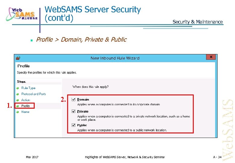 Web. SAMS Server Security (cont'd) Security & Maintenance Profile > Domain, Private & Public