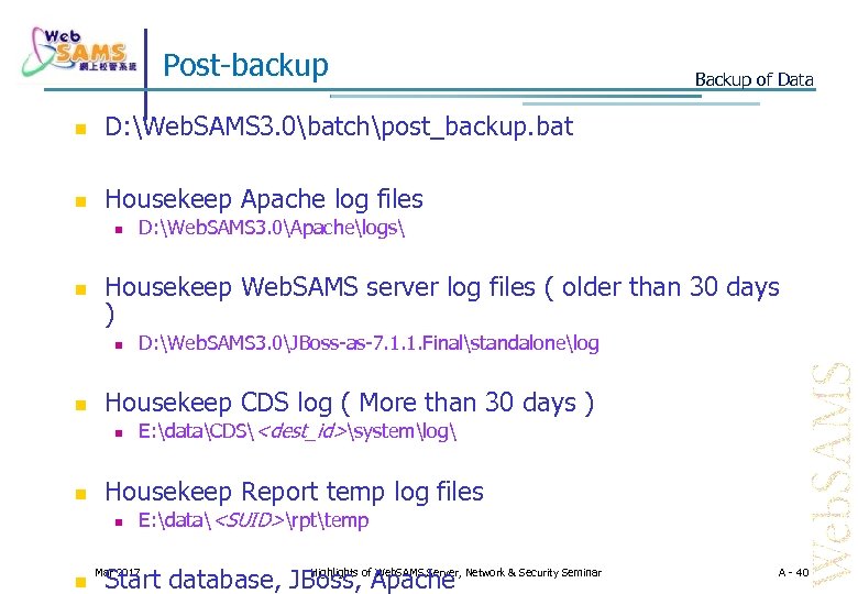 Post-backup D: Web. SAMS 3. 0batchpost_backup. bat Backup of Data Housekeep Apache log files