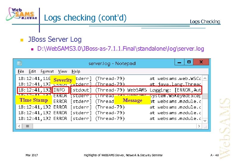 Logs checking (cont'd) Logs Checking JBoss Server Log D: Web. SAMS 3. 0JBoss-as-7. 1.