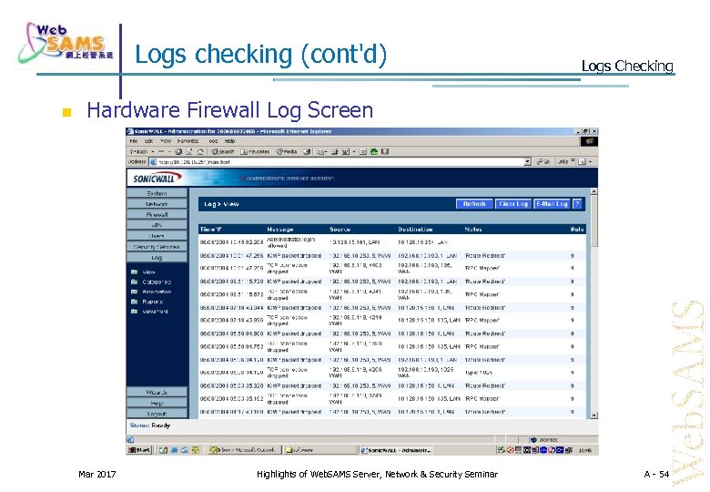 Logs checking (cont'd) Logs Checking Hardware Firewall Log Screen Mar 2017 Highlights of Web.