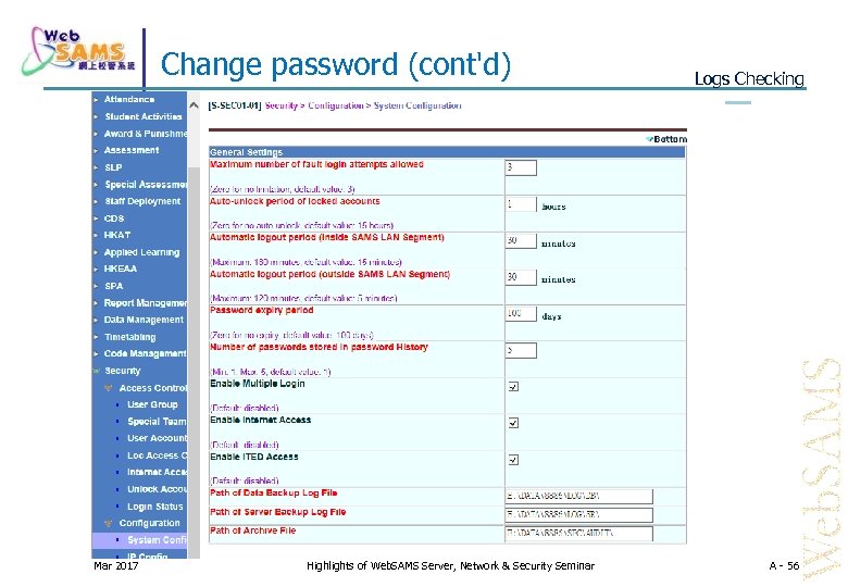 Change password (cont'd) Mar 2017 Highlights of Web. SAMS Server, Network & Security Seminar