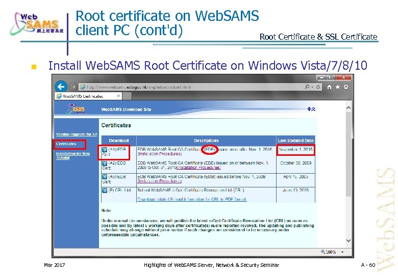 Root certificate on Web. SAMS client PC (cont'd) Root Certificate & SSL Certificate Install