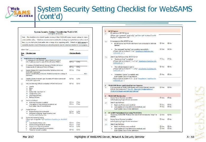 System Security Setting Checklist for Web. SAMS (cont'd) Mar 2017 Highlights of Web. SAMS