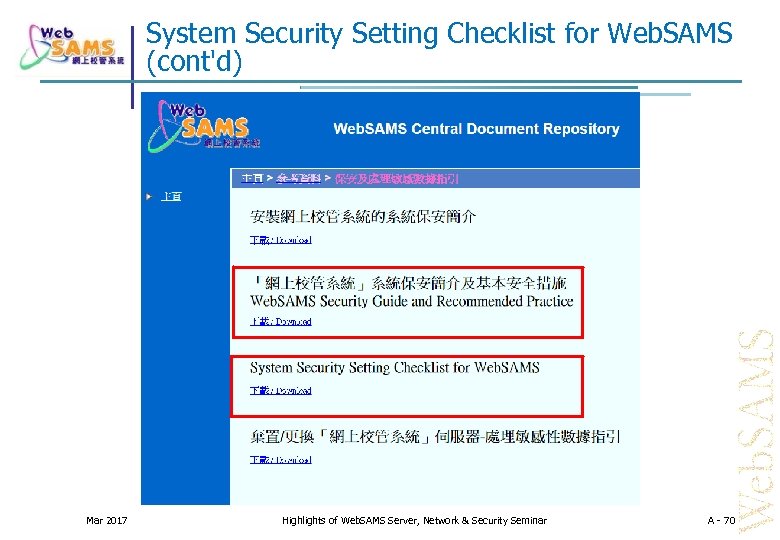 System Security Setting Checklist for Web. SAMS (cont'd) Mar 2017 Highlights of Web. SAMS