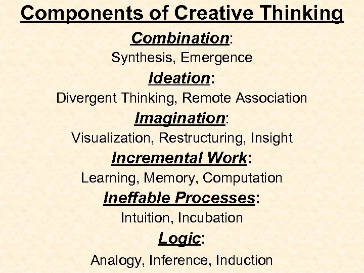 Components of Creative Thinking Combination: Synthesis, Emergence Ideation: Divergent Thinking, Remote Association Imagination: Visualization,