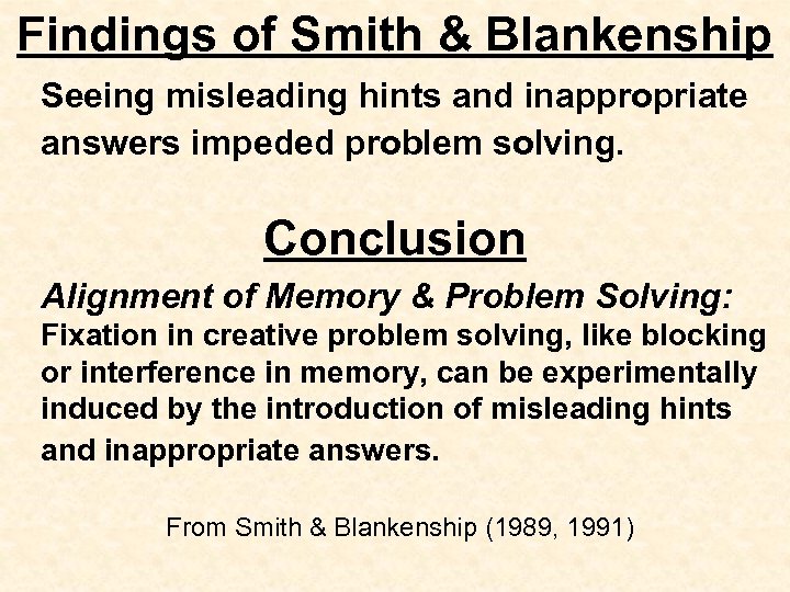 Findings of Smith & Blankenship Seeing misleading hints and inappropriate answers impeded problem solving.