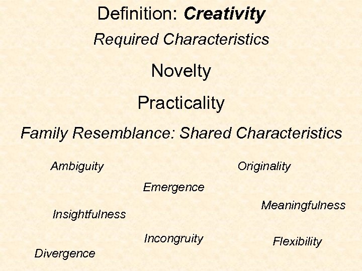 Definition: Creativity Required Characteristics Novelty Practicality Family Resemblance: Shared Characteristics Ambiguity Originality Emergence Meaningfulness